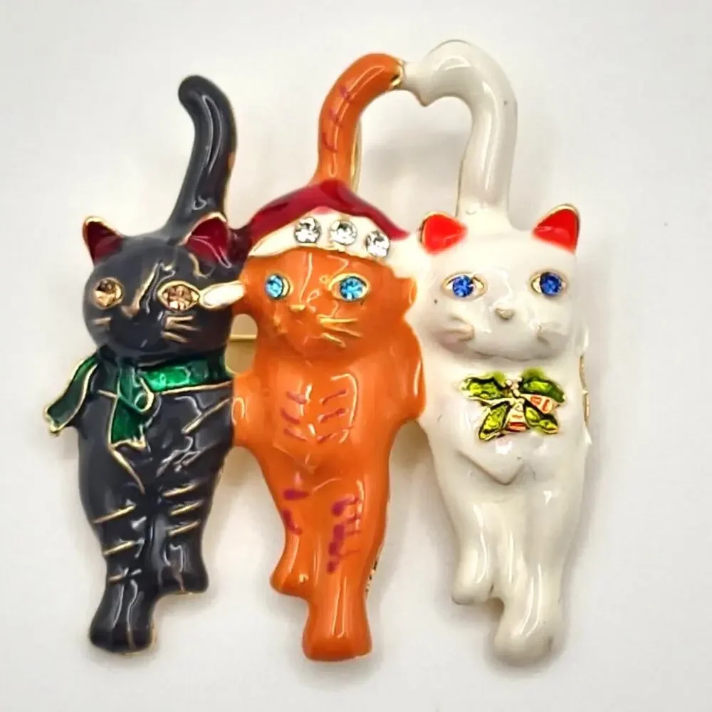 Cat Kitten Christmas Brooch Trio of Sassy Cats Enamel and Rhinestone Accents